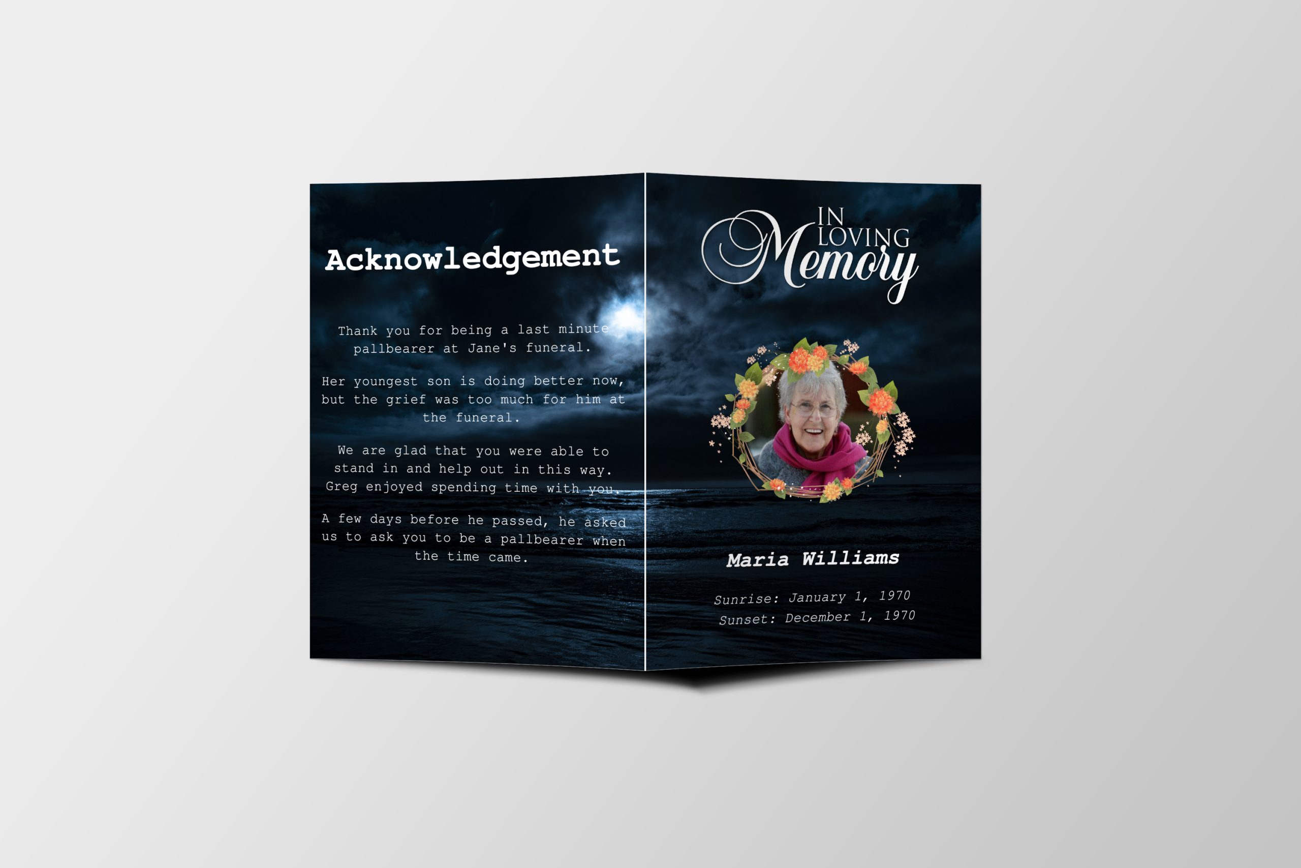 Moon In Clouds Half Page Funeral Program Template front page Moon In Clouds Half Page Funeral Program Template front page