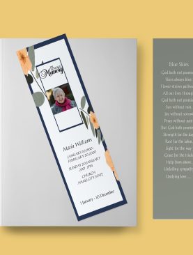 Blue And Beige Florals Funeral Bookmark Template