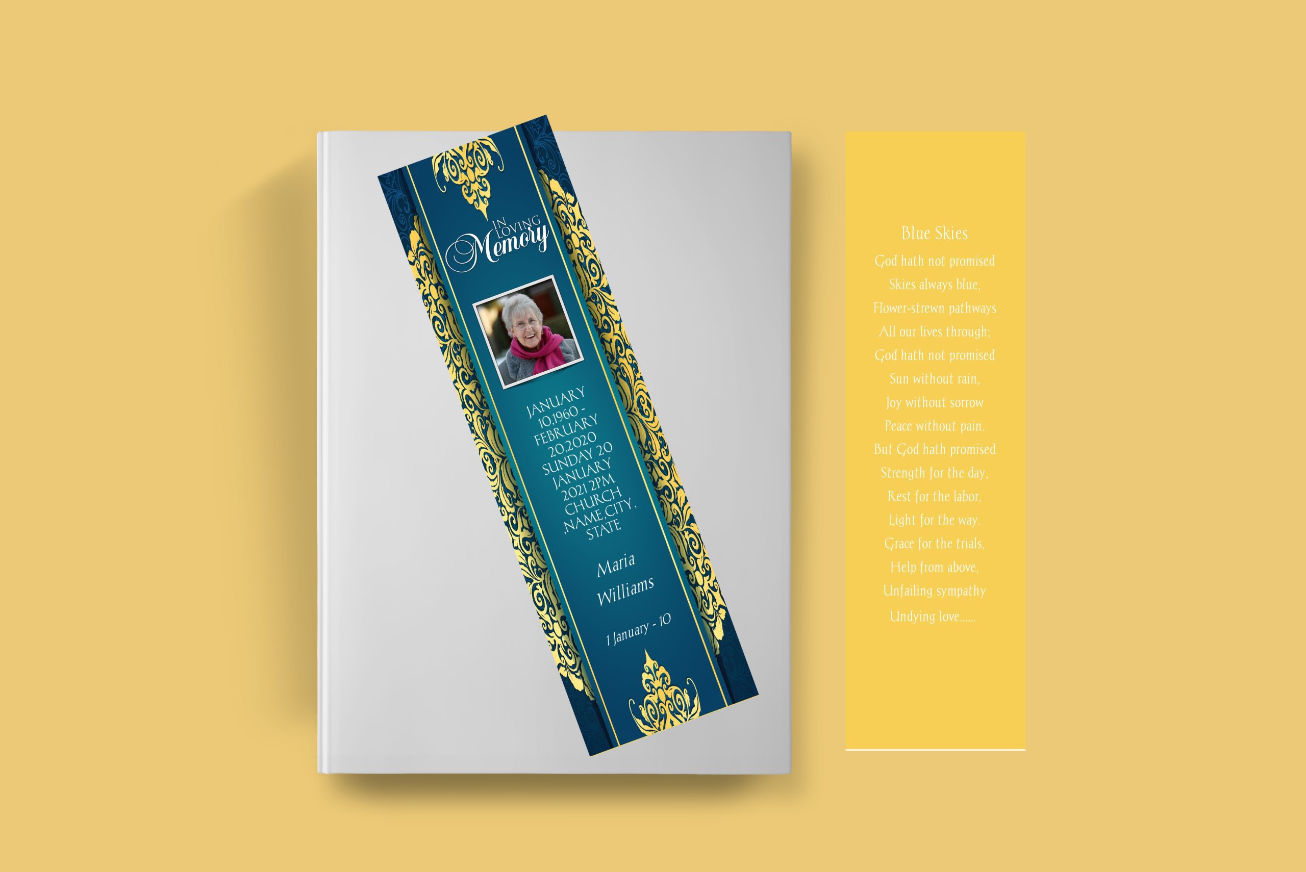 Elegant Gold Blue Funeral Bookmark Template Front back Page Elegant Gold Blue Funeral Bookmark Template Front back Page
