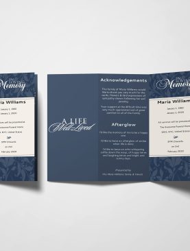 Navy Blue Vine Pattern Illustration Obituary Announcement Trifold Funeral Program Template