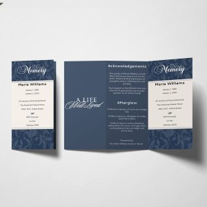 Navy Blue Vine Pattern Illustration Obituary Announcement Trifold Funeral Program Template